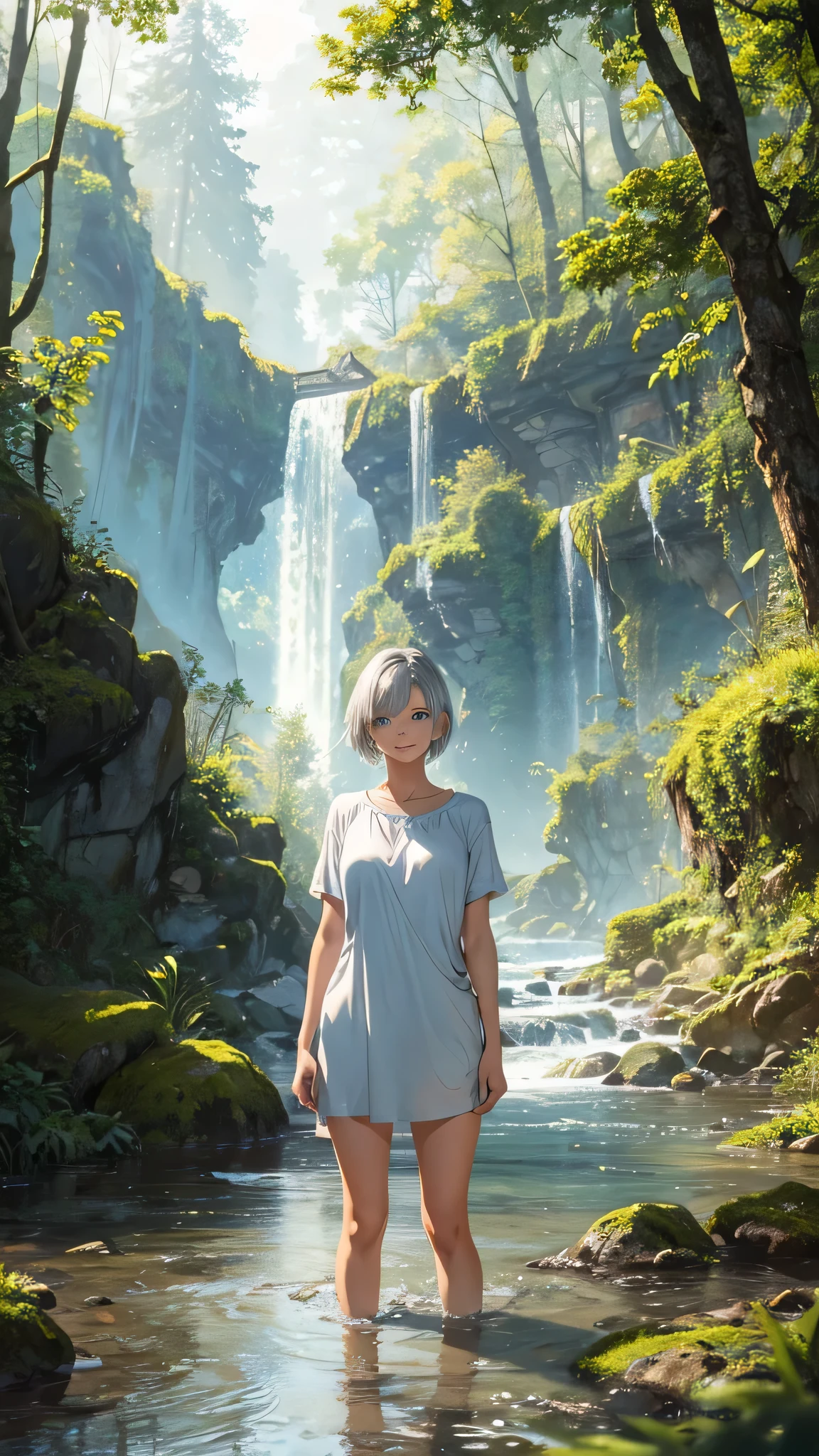 High quality, masterpiece, detailed illustration style, forest and river background, standing figure, model pose, one woman, healthy tanned skin, wet body clothes hair, glossy red lips, blue topaz eyes, slanted eyes, short silver hair, closed mouth, smiling face, loose t-shirt dress