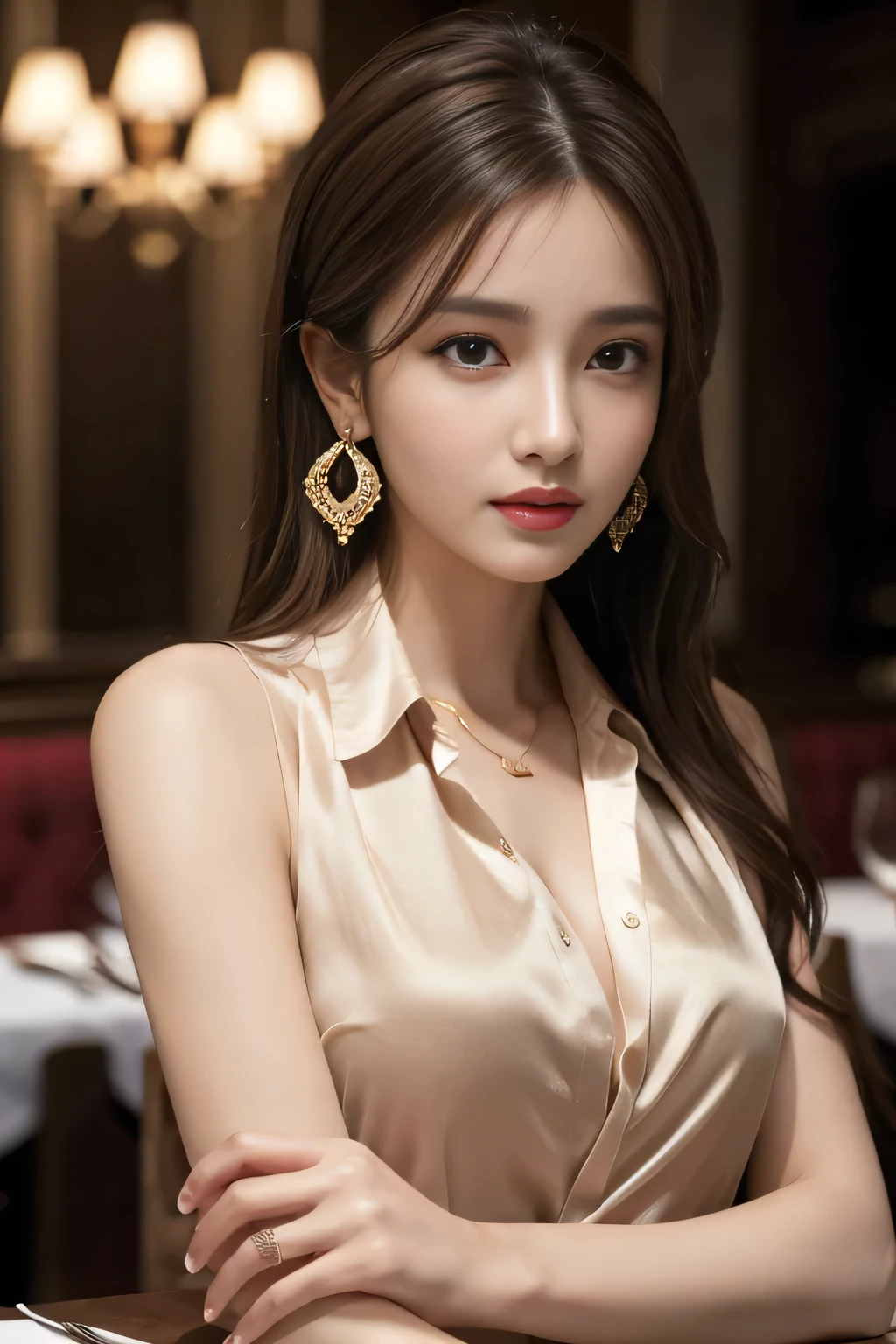 masterpiece, Highest quality, Realistic, Very detailed, Finer details, High resolution, 8k wallpaper, One beautiful woman, Wear a pretty colored silk shirt, In a great restaurant, At night, Light brown messy hair, Perfect dynamic composition, Beautiful and beautiful eyes、Big earrings、chest、Sleeveless shirt、