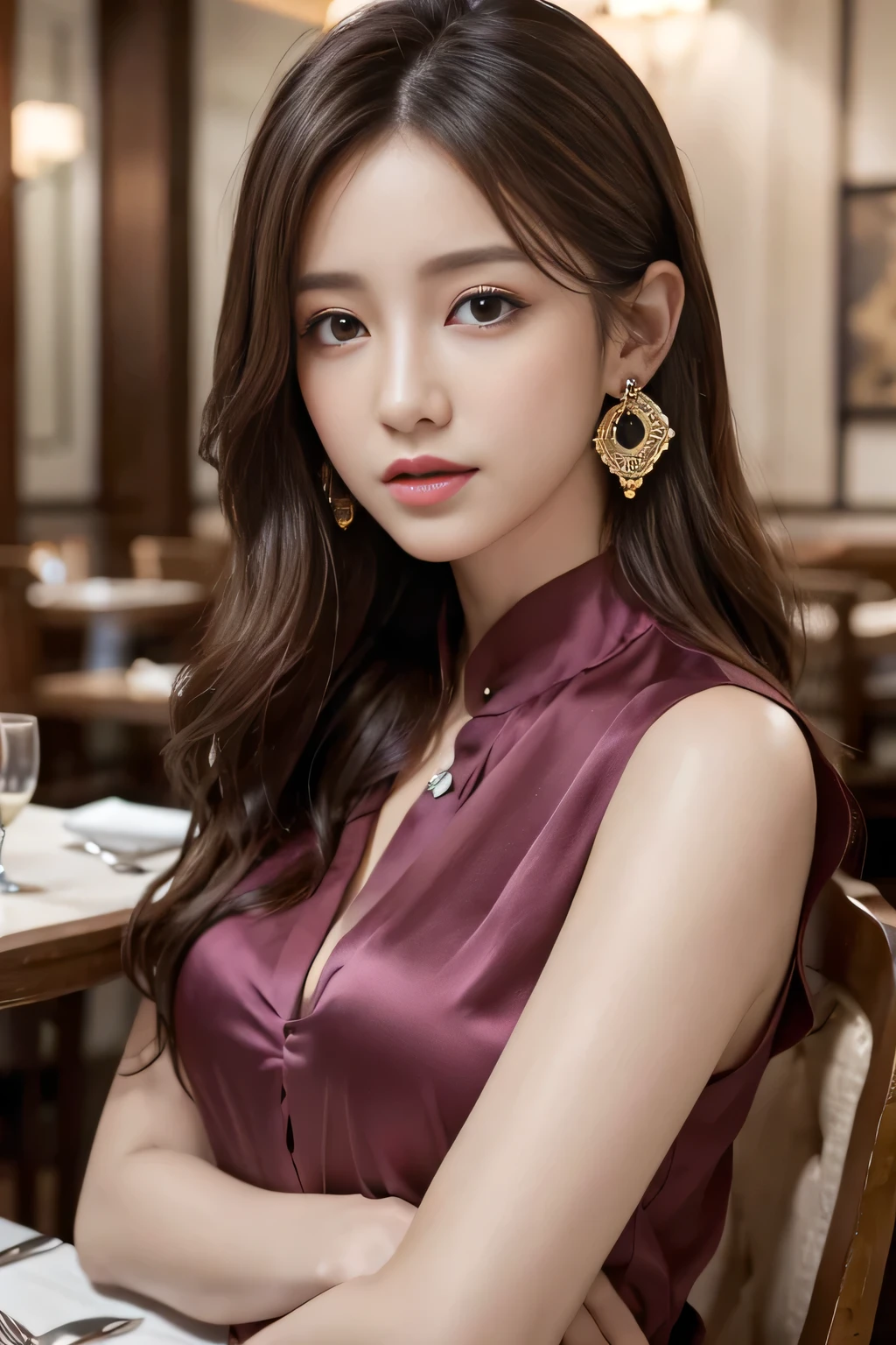 masterpiece, Highest quality, Realistic, Very detailed, Finer details, High resolution, 8k wallpaper, One beautiful woman, Wear a pretty colored silk shirt, In a great restaurant, At night, Light brown messy hair, Perfect dynamic composition, Beautiful and beautiful eyes、Big earrings、chest、Sleeveless shirt、