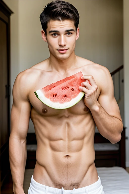 Young cute handsome face beautiful white skinny soft skin shirtless naked eating watermelon slice cute butt man's ass