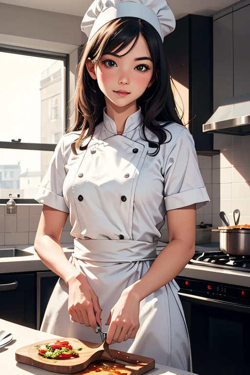 Highest quality　High resolution　Simple　French restaurant kitchen　Cute sous chef girl　Chef&#39;s hat　Chef&#39;s white coat　