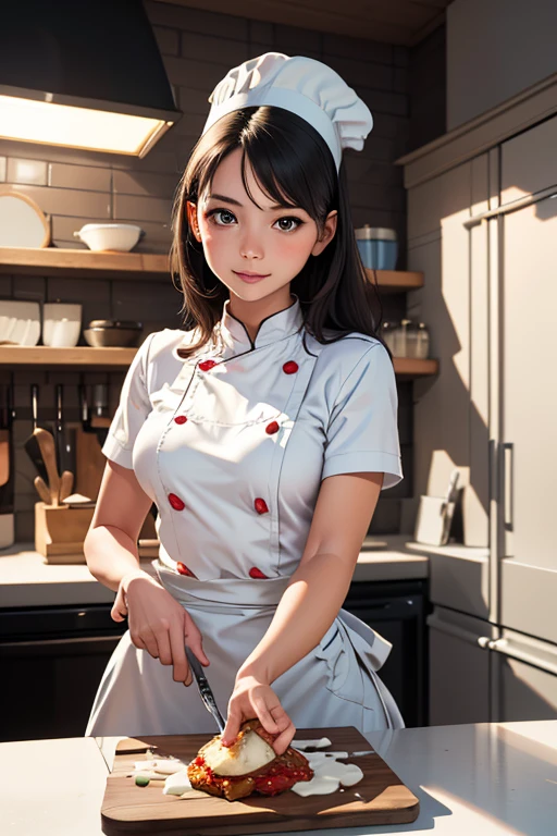 Highest quality High resolution Simple French restaurant kitchen Cute sous chef girl Chef's hat Chef's white coat