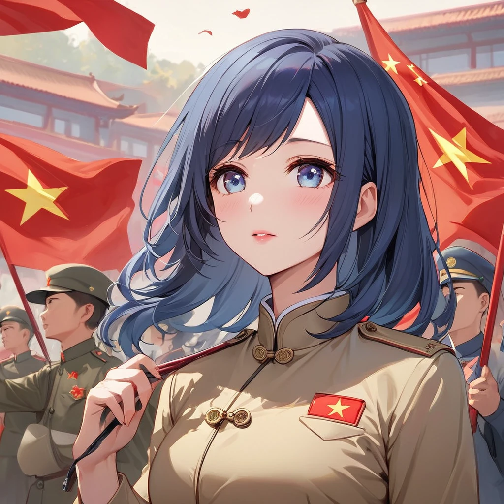 ((Highest quality)), ((masterpiece)), (detailed), (Perfect Face)、The woman is a Chinese woman named Akane Kurokawa. She has medium-long blue hair and is wearing an engagement ring. She is a member of the glorious Chinese Communist Party and has sworn absolute loyalty to the Chinese Communist Party. She is a righteous Communist Party member of China.、The woman is wearing the khaki Mao suit of the Chinese Communist Party.、For the sake of China, their hairstyles, clothes, and everything they wear are all Chinese Communist Party items, and their thoughts are also Chinese, becoming great Chinese in body and mind.、The woman became Akane Kurokawa, a Chinese woman who is proud of China, loves it and devotes herself to it.、She is serving China as a member of the great Communist Party of China.、She is a beautiful, respectable and exemplary Communist.