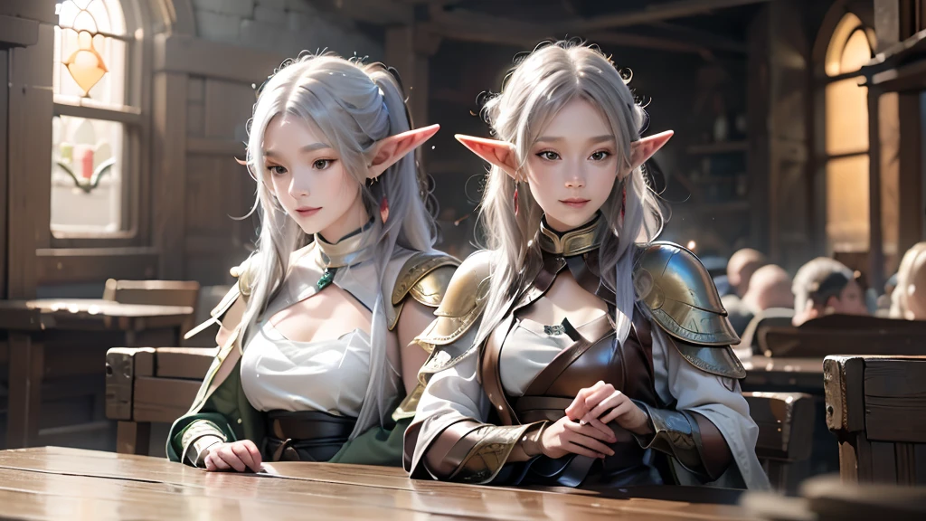 masterpiece, rest, best quality, Very detailed, Super real, 16K, high resolution, Bistro,(individual),Beautiful female elf,Openwork leather armor,回声 is sitting in a tavern, Smiling Face,Relax,Soft lighting