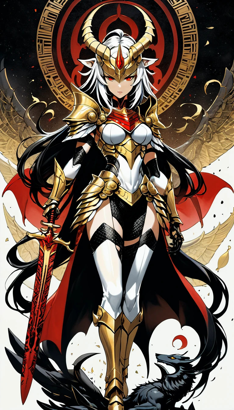 There is a piece of digital art, This painting depicts a warrior girl with a golden head and horns., Film Still,unfinished, hatching (texture),Full body portrait of dragoon, Mysterious Anubis and Valkyrie, Super detailed fantasy characters, Robot dragon portrait, Balanced coloring of black, white and red,sleipnir's photo, ghost of anubis, 4K details fantasy, Polaroid Counting Trends, zbrush contest winner, Draw with zbrush, zbrush central contest winner, warrior, (The whole body is covered with blood:1.2)