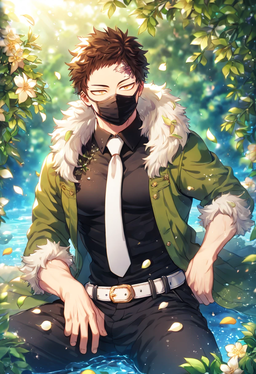Ultra detailed, HDR, Highres, absurdres, master piece, Overhaul, dark brown hair, short hair, short bangs, expressivee yellow eyes, green coat with a fur collar, black shirt, white necktie, black pants, white belt, Boku No Hero Academia, black surgical mask, sexy man sitting, handsome, flowers, petals, fantasy, magical, green leaves, summer, handsome, sensual, best quality, glittering, solo, manly man, water