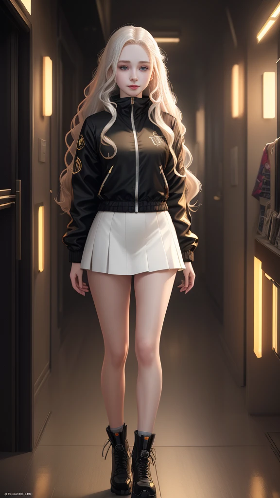 A teenage girl with a beautiful face, long wavy blond hair, (pale skin:1.2 ), mysterious smile, bright and piercing eyes. Wearing a windbreaker, styled by a fashion magazine. in the night city, hot, gorgeous, full body , perfect light perfect composition Beauty Award winning masterpiece Artstation 8 k Artgerm Mucha Dim Volumetric lighting Octane 18 k Beautiful detail rendering. post processing, portrait, exaggerated detail, complex, grand composition, cinematic lighting, masterpiece, trending art station, high detail, masterpiece, beautiful, 18k , HDR, smooth, sharp focus, high resolution