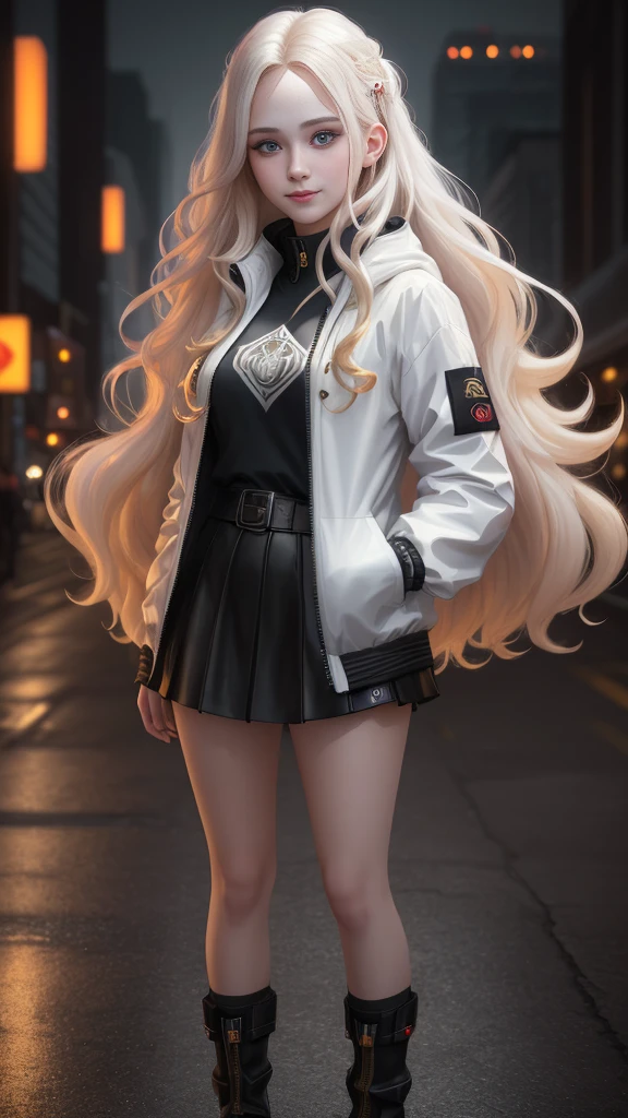 A teenage girl with a beautiful face, long wavy blond hair, (pale skin:1.2 ), mysterious smile, bright and piercing eyes. Wearing a windbreaker, styled by a fashion magazine. in the night city, hot, gorgeous, full body , perfect light perfect composition Beauty Award winning masterpiece Artstation 8 k Artgerm Mucha Dim Volumetric lighting Octane 18 k Beautiful detail rendering. post processing, portrait, exaggerated detail, complex, grand composition, cinematic lighting, masterpiece, trending art station, high detail, masterpiece, beautiful, 18k , HDR, smooth, sharp focus, high resolution