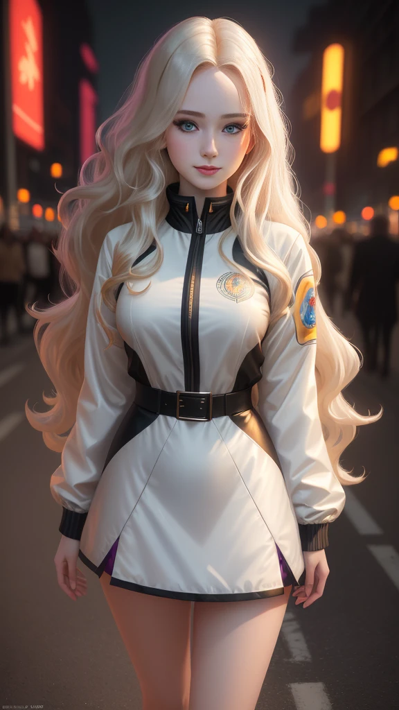 A  girl with a beautiful face, long wavy blond hair, (pale skin:1.2 ), mysterious smile, bright and piercing eyes. Wearing a windbreaker, styled by a fashion magazine. in the night city, hot, gorgeous, full body , perfect light perfect composition Beauty Award winning masterpiece Artstation 8 k Artgerm Mucha Dim Volumetric lighting Octane 18 k Beautiful detail rendering. post processing, portrait, exaggerated detail, complex, grand composition, cinematic lighting, masterpiece, trending art station, high detail, masterpiece, beautiful, 18k , HDR, smooth, sharp focus, high resolution