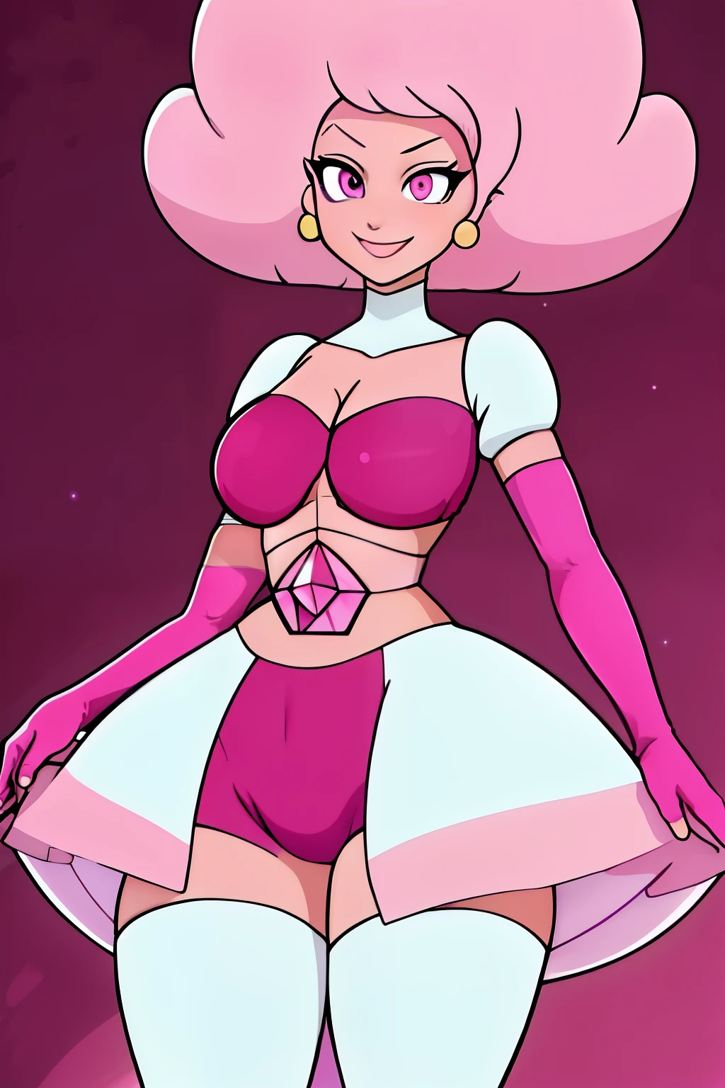 pnkdamond, pink hair, pink eyes,  long hair,  stomach gem,  pink skin,  toned, 
puffy short sleeves, elbow gloves ,  white thighs,   Puffy dress, 
standing, Upper part of the body, 
 outer space,  
(incredibly detailed, beautiful detailed face,Beautiful detailed eyes, Masterpiece, Best Quality) cinematic lighting,  SMILE, 
 