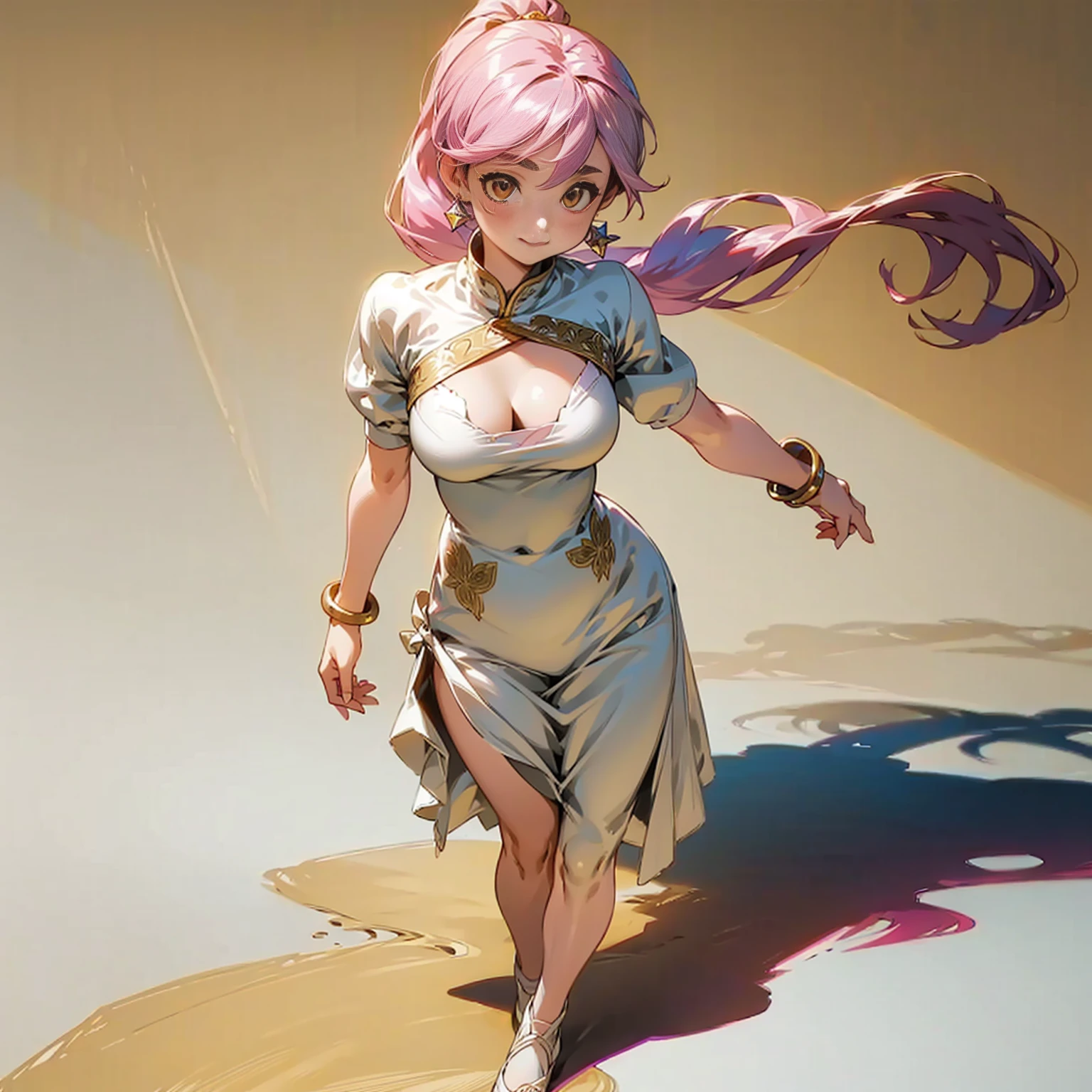 Solo character, full body version, young girl, pink color hair, brown eyes, long hair, long ponytail, white lingerie dress, Floral embroidered dress, Diamond earrings, gold bracelets, detailed shadow, white background, standing gesture, smile mouth, sad eyes, big breast