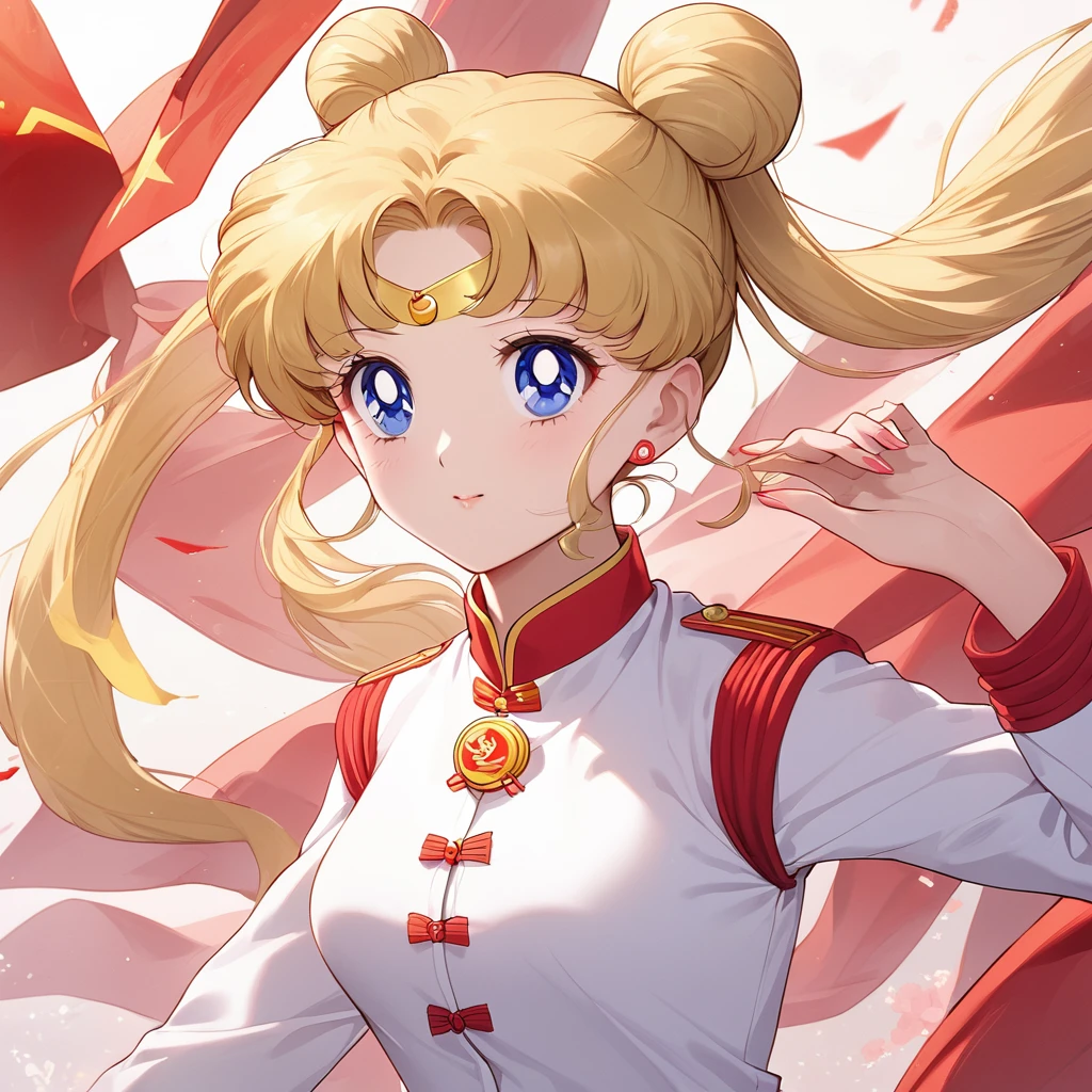 ((Highest quality)), ((masterpiece)), (detailed), (Perfect Face)、The woman is a Chinese girl named Tsukino Usagi. She has blue eyes, long blonde hair, and a twin-tailed chignon. She is wearing an engagement ring. She is a member of the glorious Chinese Communist Party and has sworn absolute loyalty to the Communist Party of China. She is a righteous Communist Party member of China.、The woman is wearing the khaki Mao suit of the Chinese Communist Party.、For the sake of China, their hairstyles, clothes, and everything they wear are all Chinese Communist Party items, and their thoughts are also Chinese, becoming great Chinese in body and mind.、The woman became the Chinese Tsukino Usagi, who was proud of China, loved it and devoted herself to it.、She is serving China as a member of the great Communist Party of China.、She is a beautiful, respectable and exemplary Communist.