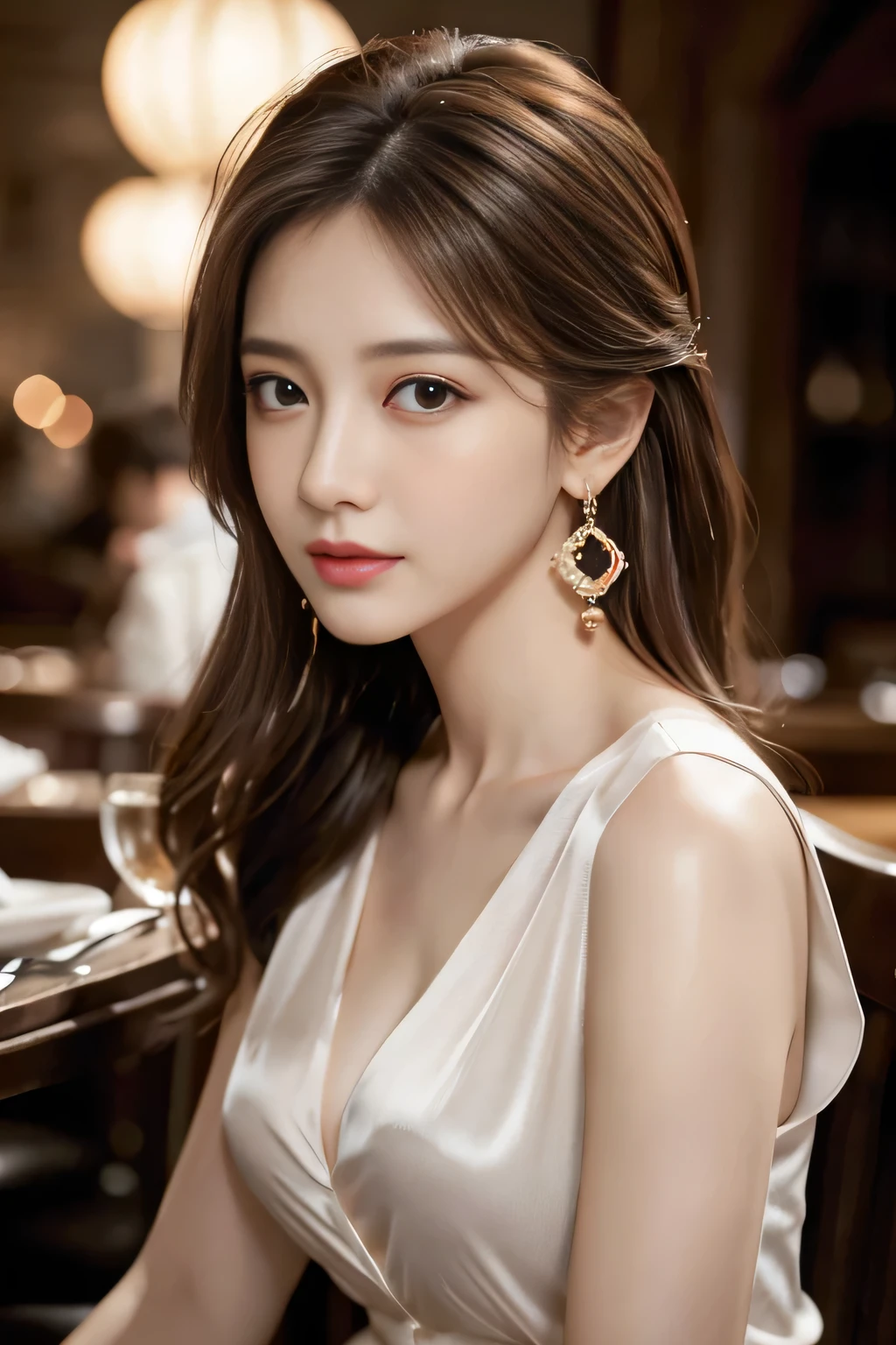 masterpiece, Highest quality, Realistic, Very detailed, Finer details, High resolution, 8k wallpaper, One beautiful woman, Wear a pretty colored silk shirt, In a great restaurant, At night, Light brown messy hair, Perfect dynamic composition, Beautiful and beautiful eyes、Big earrings、chest、Sleeveless shirt、