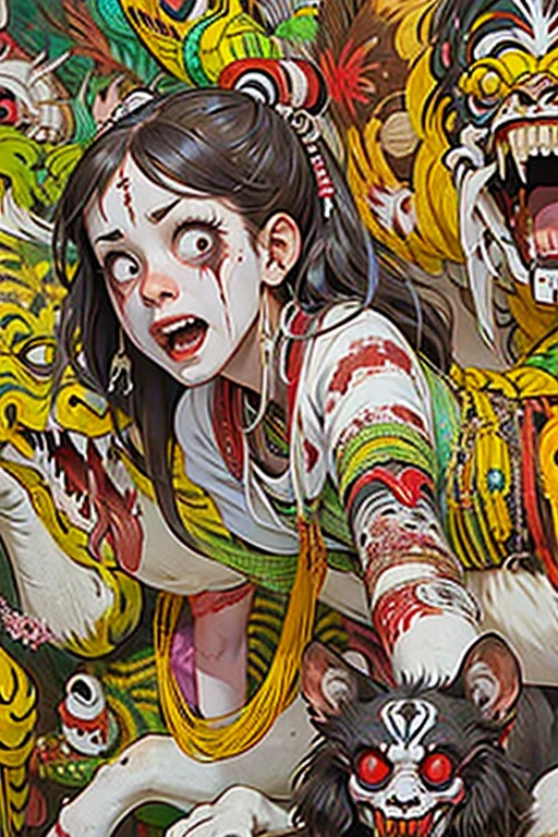 ((high school girl)), ((festival)), ((Choju Jinbutsu Giga)), Creepy, (Horror elements), Creepy , (primitive art), old picture scroll style,Ancient mural style
、Japanese painting