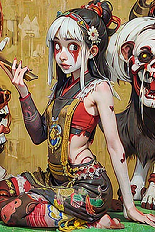 ((high school girl)), ((festival)), ((Choju Jinbutsu Giga)), Creepy, (Horror elements), Creepy , (primitive art), old picture scroll style,Ancient mural style
、Japanese painting