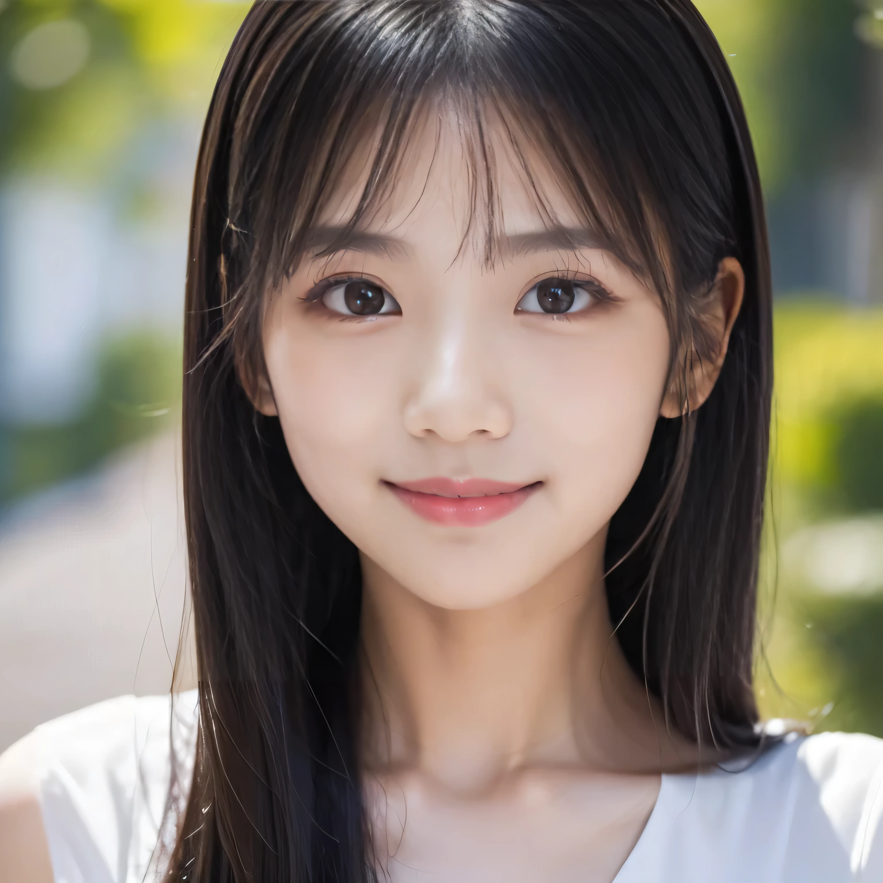 Create an ultra-realistic image of a 21-year-old Japanese woman named Kotone against a white background. She has extremely long, perfectly straight black hair that flows down to her waist, with blunt bangs that cover her forehead. Her eyes are large, enchanting, and have double eyelids with sparkling black pupils, giving them a captivating and youthful appearance. Her face is delicate and innocent, with very thin eyebrows that frame her large, childlike eyes. She has a small mouth with sexy lips, and her skin is smooth and flawless, resembling snow in its pure white color. She has a slender and well-proportioned body with a shapely bust size of 95 cm, a height of 158 cm, a weight of 43 kg, an ideal waist size of 58.46 cm, and an ideal hip size of 86.73 cm. Her complexion is flawless, without any wrinkles, and her natural makeup enhances her features subtly, maintaining a fresh and youthful look. She embodies a perfect balance of youthful charm and mature elegance, with a cute and innocent smile that adds warmth and affection to her appearance.

Kotone should be depicted facing forward, with her body positioned to emphasize her front. Her long black hair should flow naturally over her shoulders, framing her face and upper body. Her pose should be confident and relaxed, with her arms gently at her sides or holding a small accessory. Her expression should be warm and inviting, with a friendly smile that captures her youthful charm. The lighting should be soft and natural, focusing on her front and emphasizing the smoothness of her skin and the delicacy of her features, creating a sense of depth and realism. The background should be completely white, ensuring that every detail of her appearance is highlighted and that the focus remains on her face and front. She is wearing a casual yet stylish outfit that highlights her well-proportioned figure, such as a fitted blouse and skirt.
