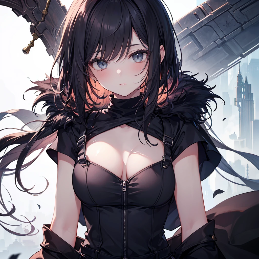 ((masterpiece)), ((One beautiful woman:1.5)),View your viewers,Slanted Eyes,Delicate expression,Fantasy,Ninja,Black Hair,Brown cloak、(With a sword),Beast Fur,Grey overalls