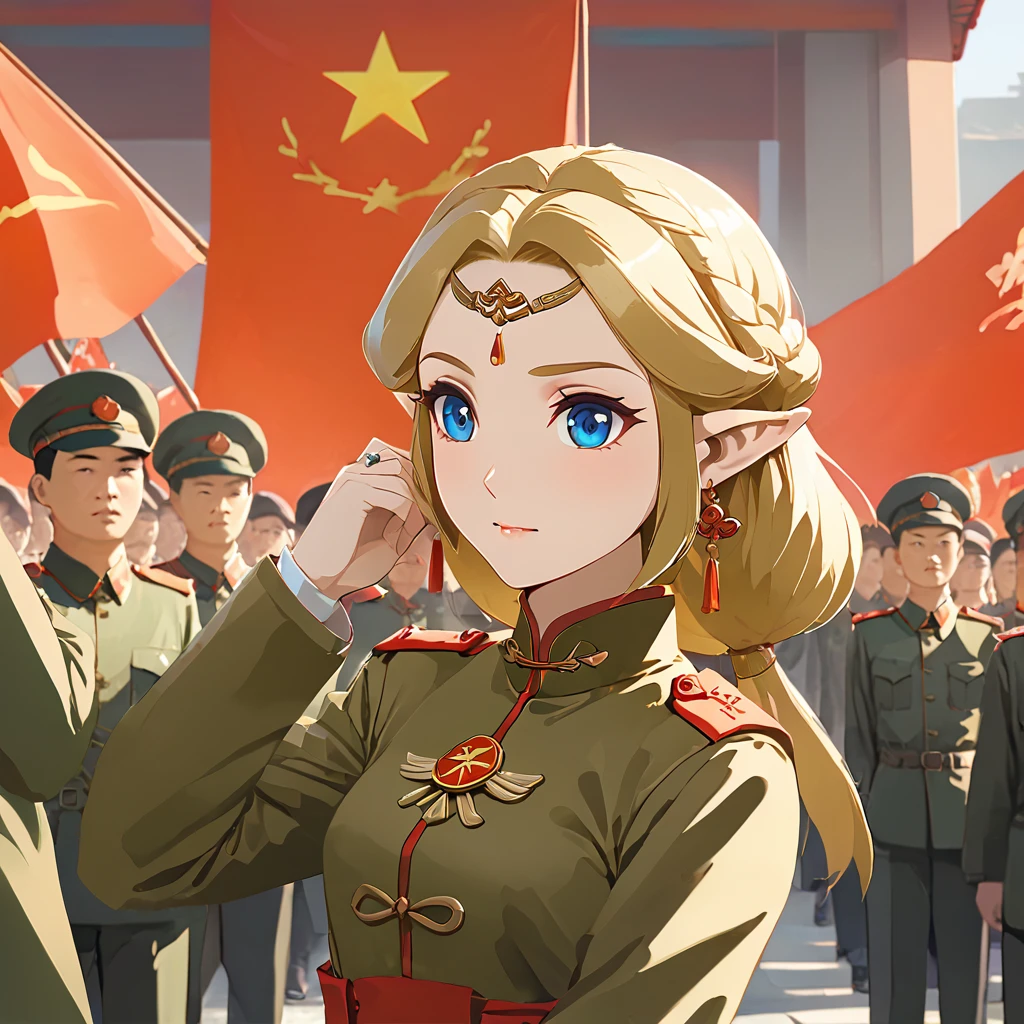 ((Highest quality)), ((masterpiece)), (detailed), (Perfect Face)、The woman is a Chinese Princess Zelda, a blonde Chinese woman with blue eyes who is wearing an engagement ring. She has become a member of the glorious Chinese Communist Party and has sworn absolute loyalty to the Chinese Communist Party. She is a righteous Communist Party member of China.、The woman is wearing the khaki Mao suit of the Chinese Communist Party.、For the sake of China, their hairstyles, clothes, and everything they wear are all Chinese Communist Party items, and their thoughts are also Chinese, becoming great Chinese in body and mind.、The woman became a Chinese Princess Zelda who was proud of and loved China.、She is serving China as a member of the great Communist Party of China.、She is a beautiful, respectable and exemplary Communist.