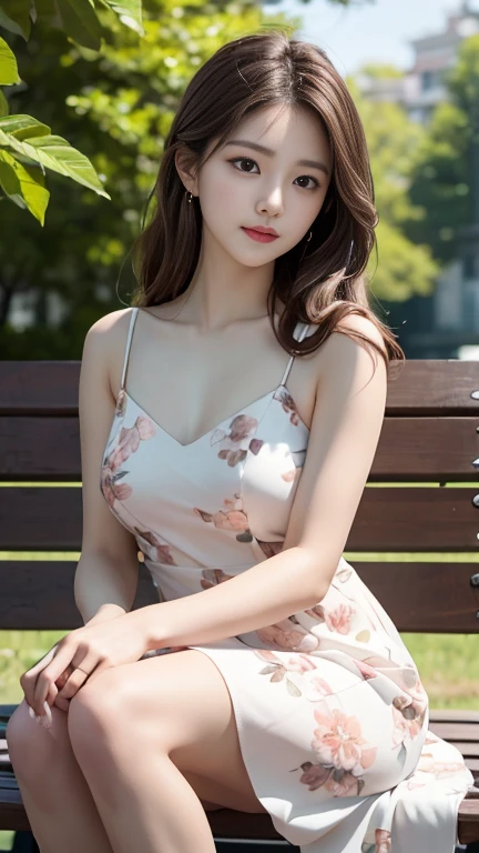 photography of a brightly sangmi nam who is korean actress,masterpiece,photorealistic,analog,realism,korean idol,slim leg, long_brown_hair,1 girl, very bright backlighting, solo, {beautiful and detailed eyes},large breasts, calm expression, natural and soft light, hair blown by the breeze, delicate facial features, Blunt bangs, beautiful Korean girl,eye smile, very small earrings, 22yo, ((model pose)), Glamor body type,(half red and half brown hair,long wavy hair:1.2), flim grain, realhands, masterpiece, Best Quality, photorealistic, ultra-detailed, finely detailed, high resolution,brown messy hair, perfect dynamic composition, beautiful detailed eyes,Korean girl,((nervous and embarrassed)),sharp-focus, beautymix, FilmGirl,shy smile,(wearing a floral dress:1.3),(sitting on the brown bench in a park,gazing into the distance:1.3),(fullbody shot:1.3),facing reality