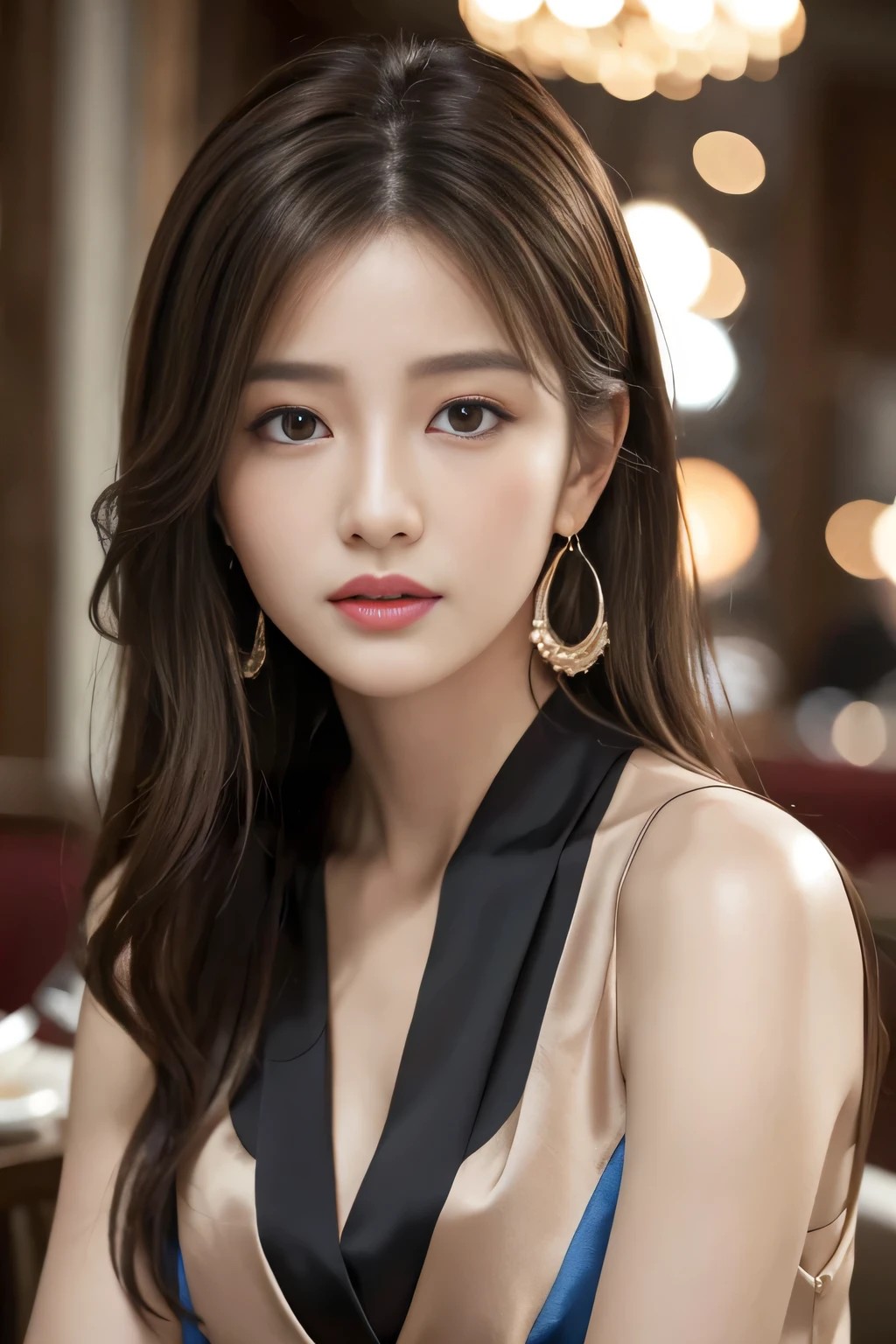masterpiece, Highest quality, Realistic, Very detailed, Finer details, High resolution, 8k wallpaper, One beautiful woman, Wear a pretty colored silk shirt, In a great restaurant, At night, Light brown messy hair, Perfect dynamic composition, Beautiful and beautiful eyes、Big earrings、chest、Sleeveless shirt、