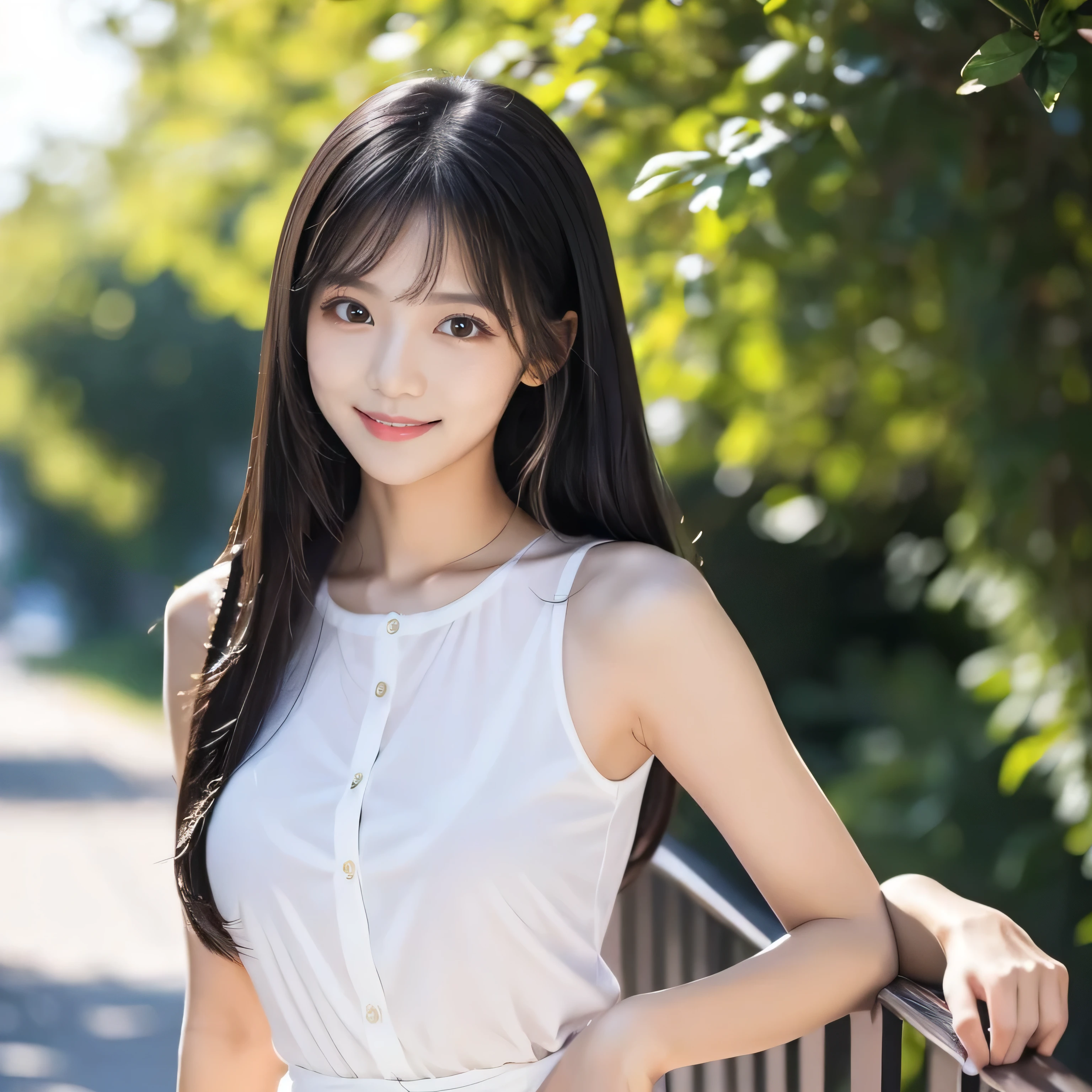 Create an ultra-realistic image of a 21-year-old Japanese woman named Kotone against a white background. She has extremely long, perfectly straight black hair that flows down to her waist, with blunt bangs that cover her forehead. Her eyes are large, enchanting, and have double eyelids with sparkling black pupils, giving them a captivating and youthful appearance. Her face is delicate and innocent, with very thin eyebrows that frame her large, childlike eyes. She has a small mouth with sexy lips, and her skin is smooth and flawless, resembling snow in its pure white color. She has a slender and well-proportioned body with a shapely bust size of 95 cm, a height of 158 cm, a weight of 43 kg, an ideal waist size of 58.46 cm, and an ideal hip size of 86.73 cm. Her complexion is flawless, without any wrinkles, and her natural makeup enhances her features subtly, maintaining a fresh and youthful look. She embodies a perfect balance of youthful charm and mature elegance, with a cute and innocent smile that adds warmth and affection to her appearance.

Kotone should be depicted facing forward, with her body positioned to emphasize her front. Her long black hair should flow naturally over her shoulders, framing her face and upper body. Her pose should be confident and relaxed, with her arms gently at her sides or holding a small accessory. Her expression should be warm and inviting, with a friendly smile that captures her youthful charm. The lighting should be soft and natural, focusing on her front and emphasizing the smoothness of her skin and the delicacy of her features, creating a sense of depth and realism. The background should be completely white, ensuring that every detail of her appearance is highlighted and that the focus remains on her face and front. She is wearing a casual yet stylish outfit that highlights her well-proportioned figure, such as a fitted blouse and skirt.
