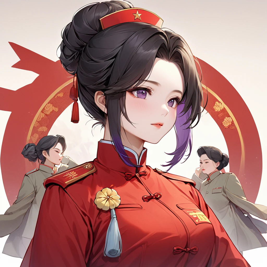 ((Highest quality)), ((masterpiece)), (detailed), (Perfect Face)、The woman is a Chinese woman named Kocho Shinobu, with medium-long black hair with purple ends, tied up in a bun, and wearing an engagement ring. She is a member of the glorious Chinese Communist Party and has sworn absolute loyalty to the Communist Party of China. She is a righteous Communist Party member of China.、The woman is wearing the khaki Mao suit of the Chinese Communist Party.、For the sake of China, their hairstyles, clothes, and everything they wear are all Chinese Communist Party items, and their thoughts are also Chinese, becoming great Chinese in body and mind.、The woman became Shinobu Kocho, a Chinese woman who was proud of China, loved it and devoted herself to it.、She is serving China as a member of the great Communist Party of China.、She is a beautiful, respectable and exemplary Communist.