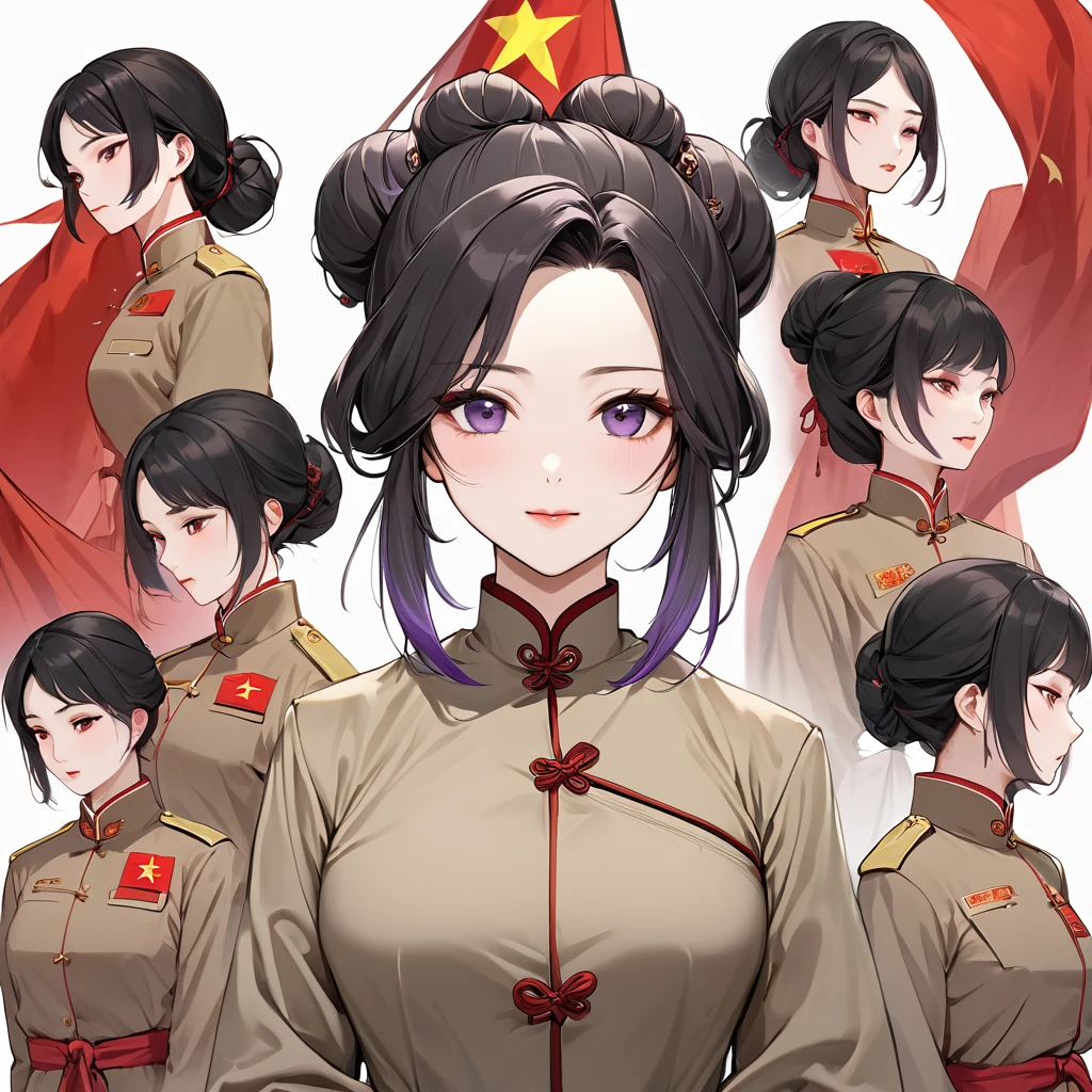 ((Highest quality)), ((masterpiece)), (detailed), （Perfect Face）、The woman is a Chinese woman named Kocho Shinobu, with medium-long black hair with purple ends, tied up in a bun, and wearing an engagement ring. She is a member of the glorious Chinese Communist Party and has sworn absolute loyalty to the Communist Party of China. She is a righteous Communist Party member of China.、The woman is wearing the khaki Mao suit of the Chinese Communist Party.、For the sake of China, their hairstyles, clothes, and everything they wear are all Chinese Communist Party items, and their thoughts are also Chinese, becoming great Chinese in body and mind.、The woman became Shinobu Kocho, a Chinese woman who was proud of China, loved it and devoted herself to it.、She is serving China as a member of the great Communist Party of China.、She is a beautiful, respectable and exemplary Communist.