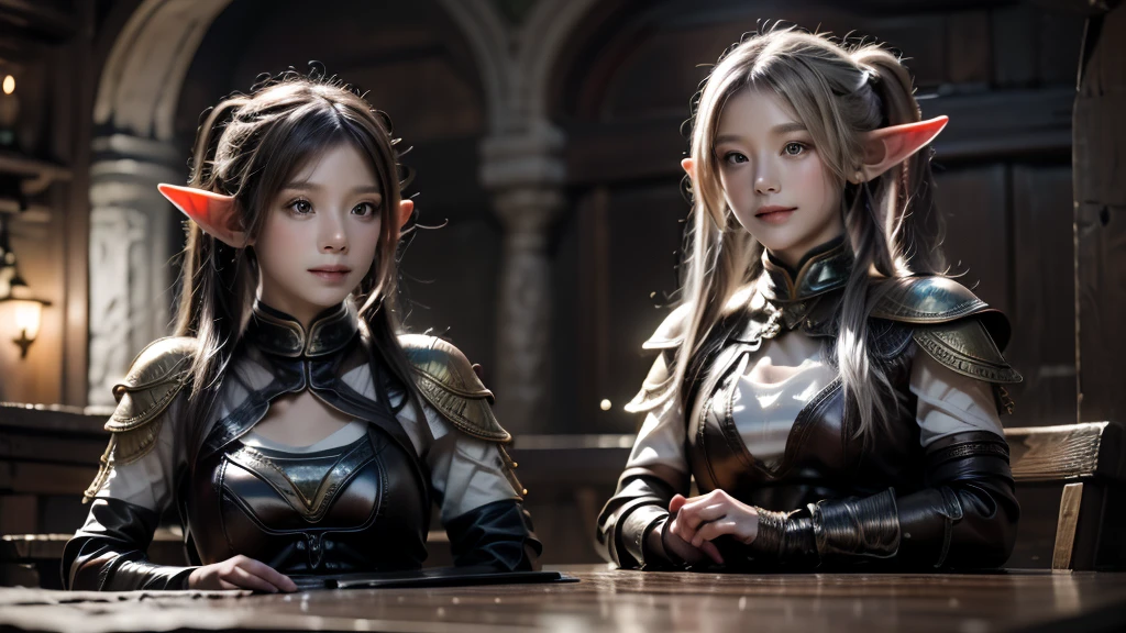 masterpiece, rest, best quality, Very detailed, Super real, 16K, high resolution, Bistro,(individual),Beautiful female elf,Openwork leather armor,回声 is sitting in a tavern, Smiling Face,Relax,Soft lighting