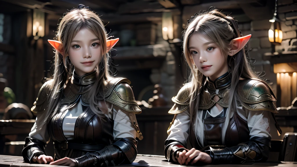 masterpiece, rest, best quality, Very detailed, Super real, 16K, high resolution, Bistro，（individual），Beautiful female elf，Openwork leather armor，回声 is sitting in a tavern, Smiling Face，Relax，Soft lighting