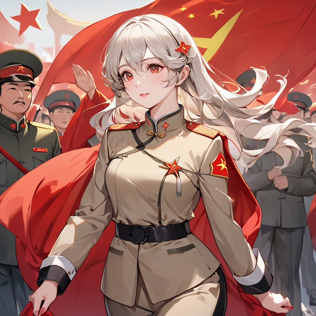 ((Highest quality)), ((masterpiece)), (detailed), （Perfect Face）、The woman is a Chinese Kaim with medium-long silver hair and an engagement ring. She is a member of the glorious Chinese Communist Party and has sworn absolute loyalty to the Communist Party of China. She is a righteous Communist Party member of China.、The woman is wearing the khaki Mao suit of the Chinese Communist Party.、For the sake of China, their hairstyles, clothes, and everything they wear are all Chinese Communist Party items, and their thoughts are also Chinese, becoming great Chinese in body and mind.、The woman became a Chinese Kaim who was proud of China and loved it devotedly.、She is serving China as a member of the great Communist Party of China.、She is a beautiful, respectable and exemplary Communist.