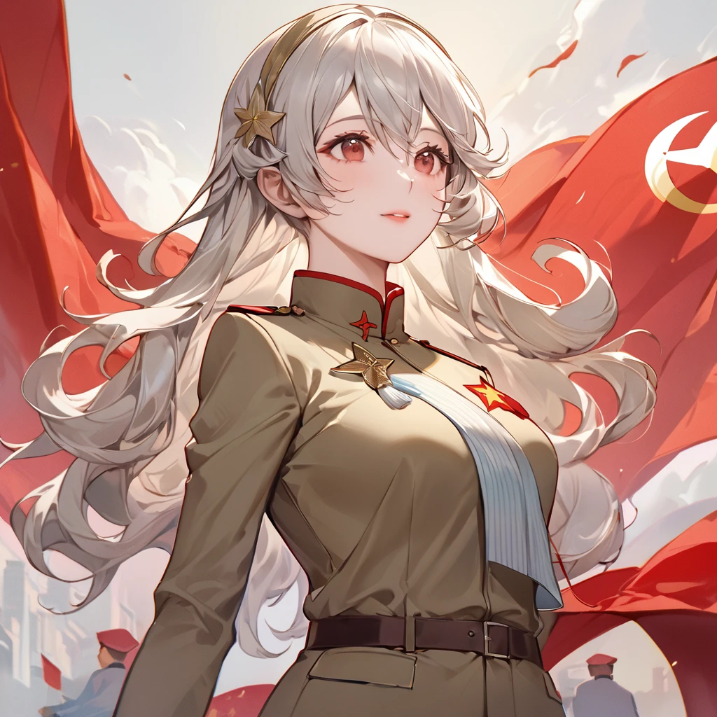((Highest quality)), ((masterpiece)), (detailed), （Perfect Face）、The woman is a Chinese Kaim with medium-long silver hair and an engagement ring. She is a member of the glorious ??????????????????????? and has sworn absolute loyalty to the ????????????????????????. She is a righteous  member of China.、The woman is wearing the khaki Mao suit of the Chinese Communist Party.、For the sake of China, their hairstyles, clothes, and everything they wear are all ??????????????????????? items, and their thoughts are also Chinese, becoming great Chinese in body and mind.、The woman became a Chinese Kaim who was proud of China and loved it devotedly.、She is serving China as a member of the great  of China.、She is a beautiful, respectable and exemplary Communist.