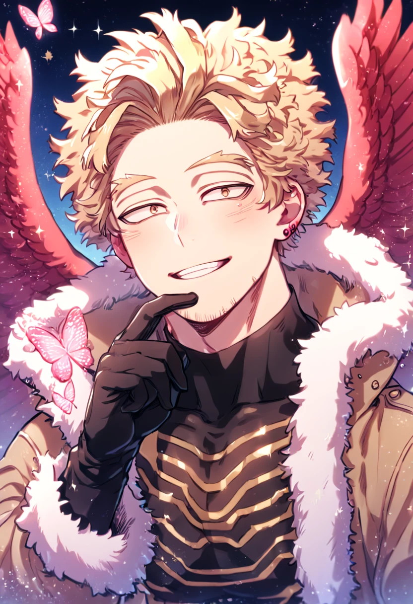 absurdres, highres, ultra detailed, HDR, master piece, best quality, Hawks, ash-blonde hair, expressive golden-brown eyes, faint stubble, red wings, Boku No Hero Academia, solo, sexy man, handsome, sensual, horny, smile, brown jacket with fur collar, black tight shirt with patterns, black gloves, red piercing, water, fantasy, magical, shining, pink flowers, pink blossoms, pink petals, pink butterflies, sparkling glass