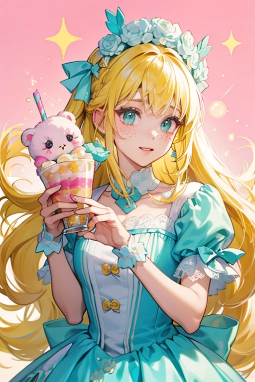 Nanners Swirl is a mint bear Num making a happy expression with shut eyes and pink freckles. Her frozen yogurt is neon yellow and pale blue in a swirling pattern, shaped into a hairstyle with choppy bangs and curled forelocks. Her ears are white and pink with a pattern, and a dark pink bow on each one. She has short, fluffy yellow hair extensions. SPARKLE; GLITTER