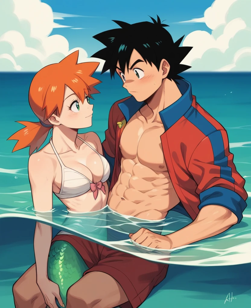 1boy, ash ketchum, black hair, brown eyes, hair between eyes, ash ketchum, open hoodie jacket, shirtless, male swimwear, handsome boy, macho, good looking boy 1girl, misty pokemon, orange hair, green eyes, mermaid costume, pink shells covering her breasts, mermaid tail, pretty, beautiful girl photograph of a 18 years old couple, submerged in the sea, swimming inside the sea, they're showing off their love and affection for each other, they're caressing, intimacy, erotic moment