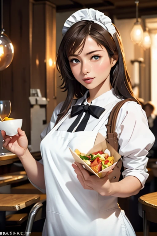 Highest quality High resolution Simple French Restaurant Cute waitress Carrying food Maid clothes