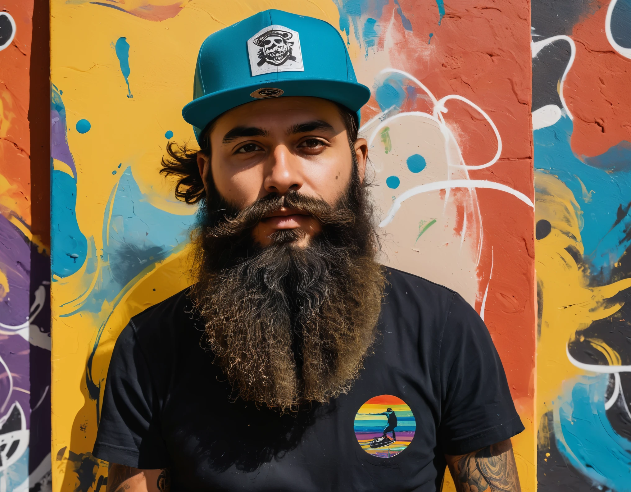 a man with a beard and a hat on painting on wall, raggae art, jahbu art, painting, painting on a canvas, thick painting, oil painting, mate painting, painting, ditigal painting, artist -, stroke painting, oli stick line, art in the style of skateboard, snowboard, skate culture, highly stylized