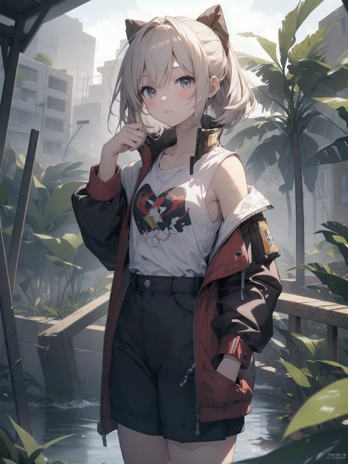 ultra-absurdres-Top quality by artist God, ultra-detailed, high resolution, anime moe artstyle, best anime 8k konachan wallpaper, pixiv contest winner, pool:2810, perfect anatomy,break, 1girl, (Please draw a girl standing wet body sleepily in rain. )break,(Solo,little female, 11-year-old:1.3),Full limbs, complete fingers,a junior high school student, (very short hair), short cut, flat chest,groin, small butt, small black eyes, beautiful detailed eyes, well-proportioned iris and pupils, expressive eyes, highres detailed hair, wet, soft expression, tank top, shorts, (Detailed Lighting), (Detailed background), against wall, in the cul-de-sac. break,super detailed skin, shiny skin, Best sexuall lighting powered by famous artist, 8k,beauty illustration,photoshop_(medium),very aesthetic,break,((artist:fujima_takuya )), artist:clamp ,artist:carnelian ,artist:kantoku ,