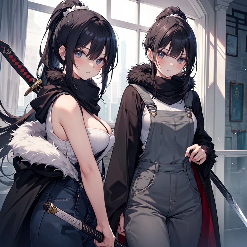 ((masterpiece)), ((One beautiful woman:1.5)),View your viewers,Glare,Delicate expression,Ninja,Black hair in a ponytail,Brown cloak、(With a sword),Beast Fur,Grey overalls