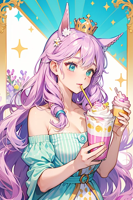 A white cup with a squinting wink eye and her tongue sticking out. She has pink and yellow slushie on her head that make up her ears, and sticking out of one corner is a white and pink striped straw attached to a pink bow SPARKLE; GLITTER