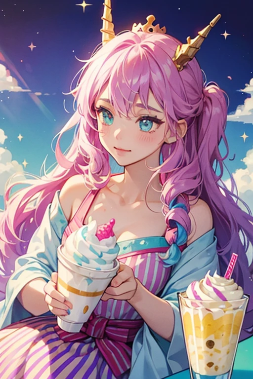A unicorn Num with a turquoise, diagonal striped cup and pale yellow muzzle, but no mouth. She is filled with raspberry frozen yogurt topped with seed-like sprinkles and she has cream horse ears. Sticking out from her frozen yogurt is a lock of lavender curled hair to match her hair extension, which connects to a gold crown. SPARKLE; GLITTER