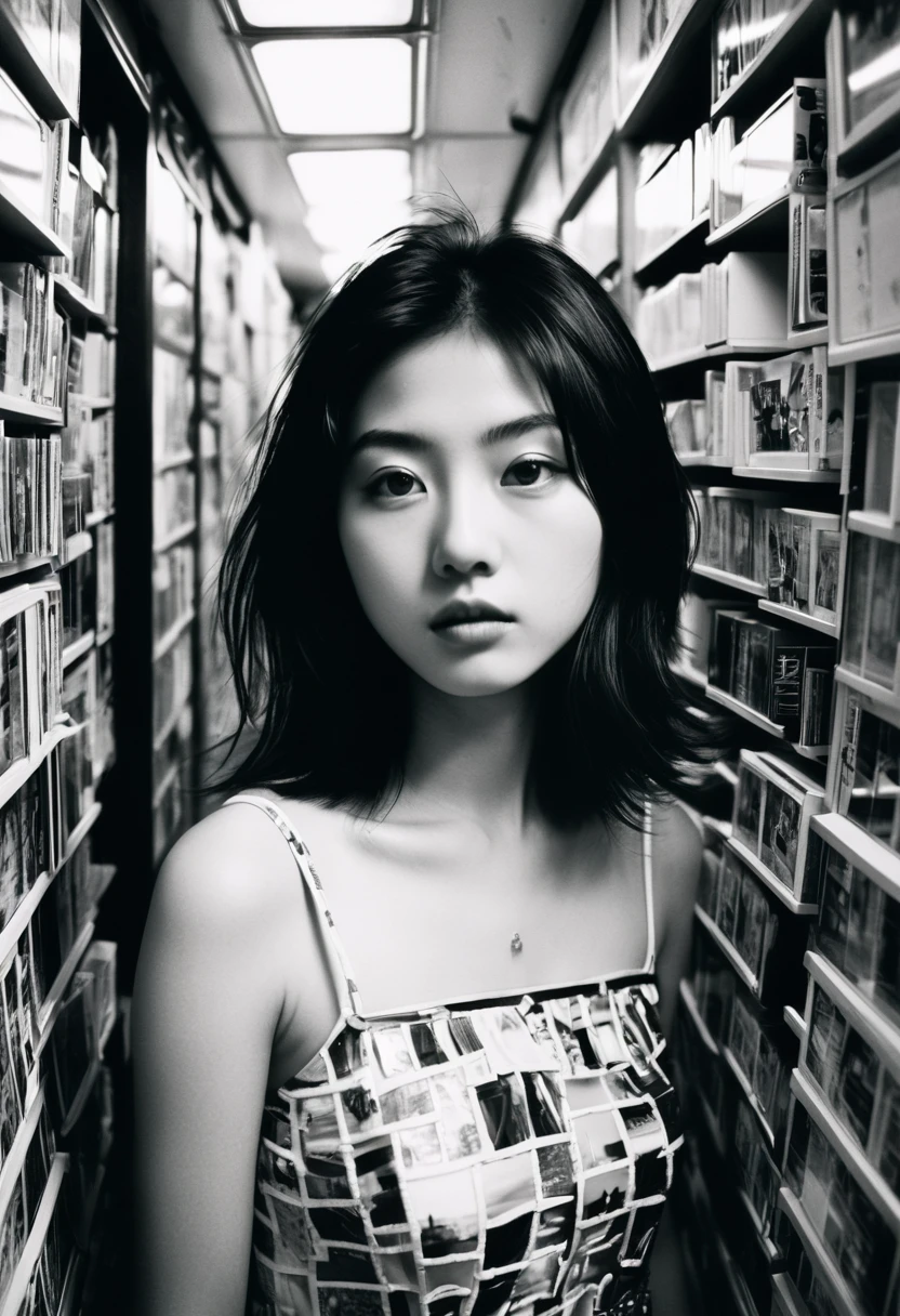 colour, A photo taken with a webcam, emulating the style of Fujifilm Neopan film, titled 'Amidst the Chaos of Reflections.' It features a beautiful Japanese woman, , embodying the Y2K fashion era. She appears lost in a chaotic, unordered space, symbolizing her deviation from a predetermined path. Yet, in this disarray, she discovers her true self. The image captures a moment of clarity and self-realization, with the chaos around her contrasting sharply with the serene expression on her face, suggesting a profound internal discovery amidst external turmoil. The scene is filled with reflections and intricate light patterns, adding to the complexity and depth of the composition. The depiction should be appropriate and respectful, showcasing the youthful innocence and the brink of self-discovery.