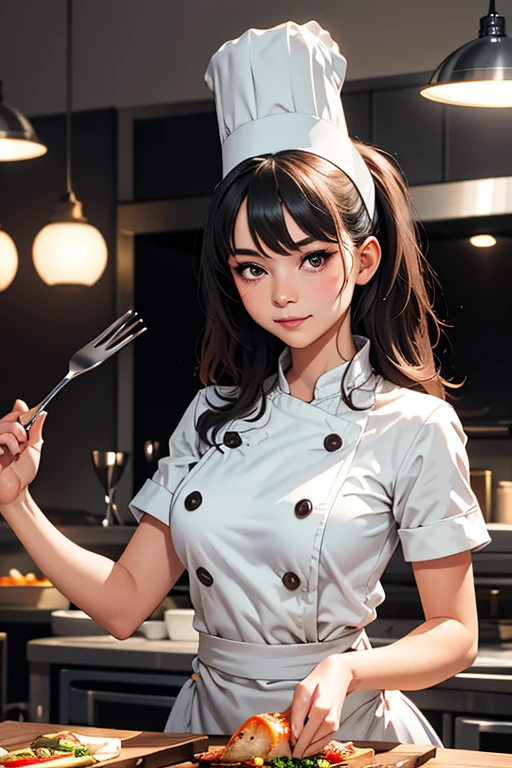 Highest quality High resolution simplification French restaurant kitchen Cute chef girl Chef's white coat Chef's hat