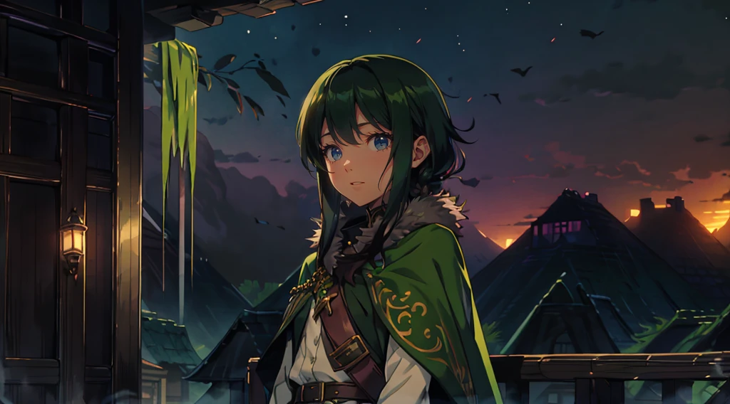 yuichiro hyakuya girl, (WithoutFear:1), 1 girl, black hair, green eyes, brown coat, gray armor, elves, sylvan, green shield, green cloak, dark brown gloves, forest, white fur trim, anime, standing, good quality, portrait, looking at viewer