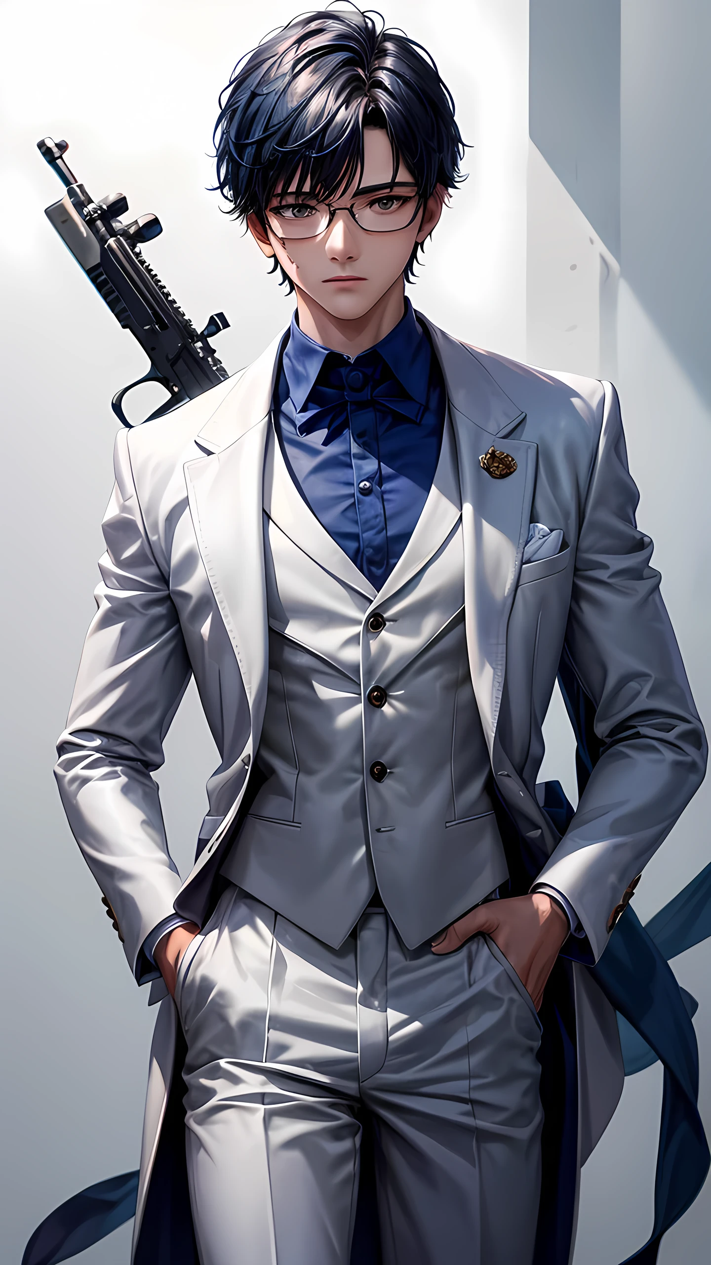 (HD), (ULTRA HD+++),(masterpiece), best quality, {{detailed image}}, {{detailed hand}}, half body potrait, {{18 years old boy with dark blue short hair}}, wear glasses, white eyes mixed with blue, wearing a white suit, hold ault riffle in his hands, blood stains on his face and on his white suit,white background.
