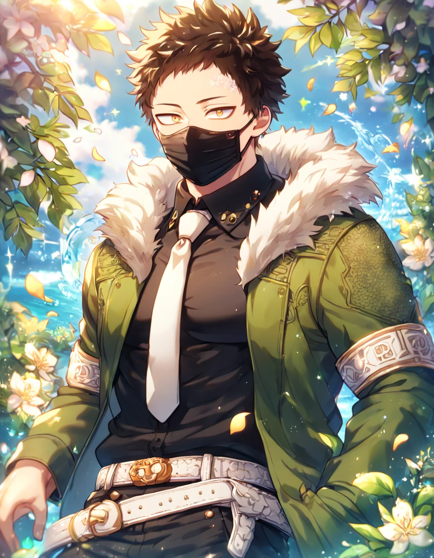 Ultra detailed, HDR, Highres, absurdres, master piece, Overhaul, dark brown hair, short hair, short bangs, expressivee yellow eyes, green coat with a fur collar, black shirt, white necktie, black pants, white belt, Boku No Hero Academia, black surgical mask, sexy man, handsome, flowers, petals, fantasy, magical, green leaves, summer, handsome, sensual, best quality, glittering, solo, manly man, water