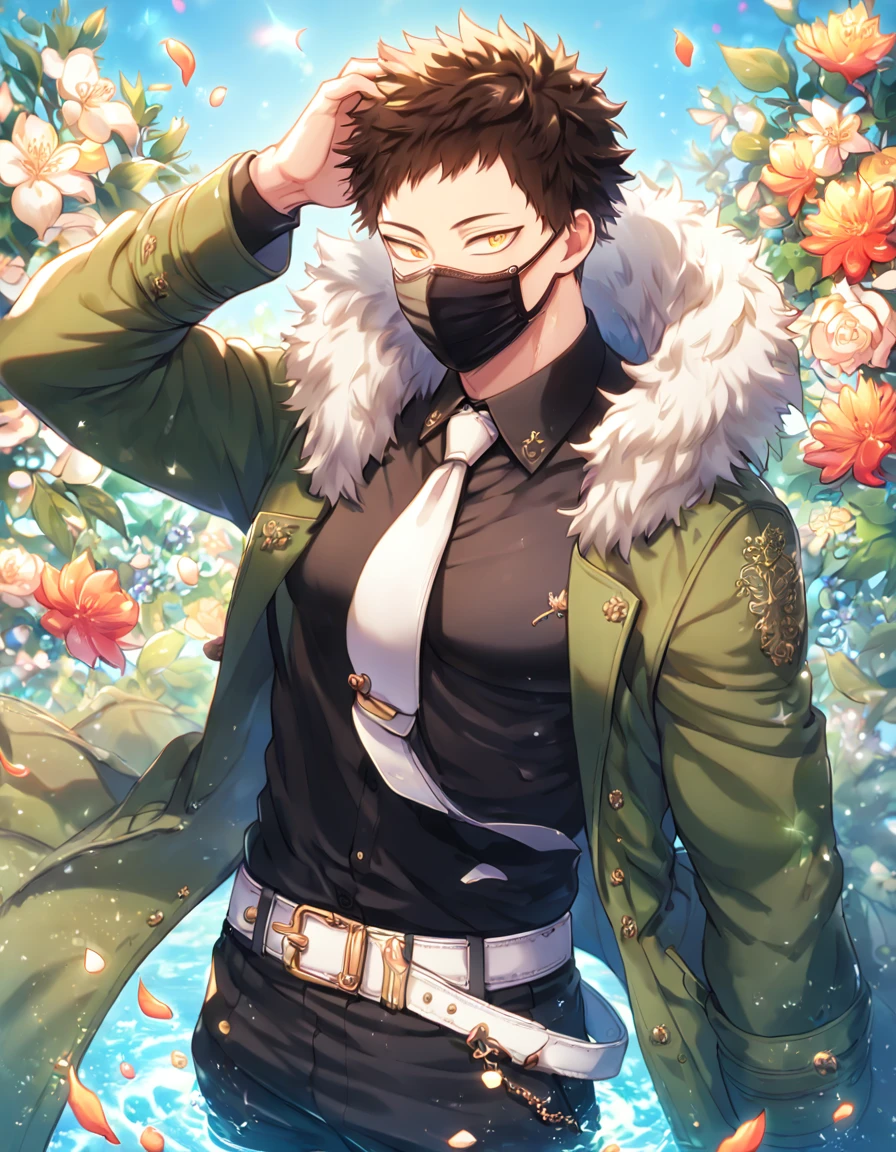 Ultra detailed, HDR, Highres, absurdres, master piece, Overhaul, dark brown hair, short hair, short bangs, expressivee yellow eyes, green coat with a fur collar, black shirt, white necktie, black pants, white belt, Boku No Hero Academia, black surgical mask, sexy man, handsome, flowers, petals, fantasy, magical, green leaves, summer, handsome, sensual, best quality, glittering, solo, manly man, water