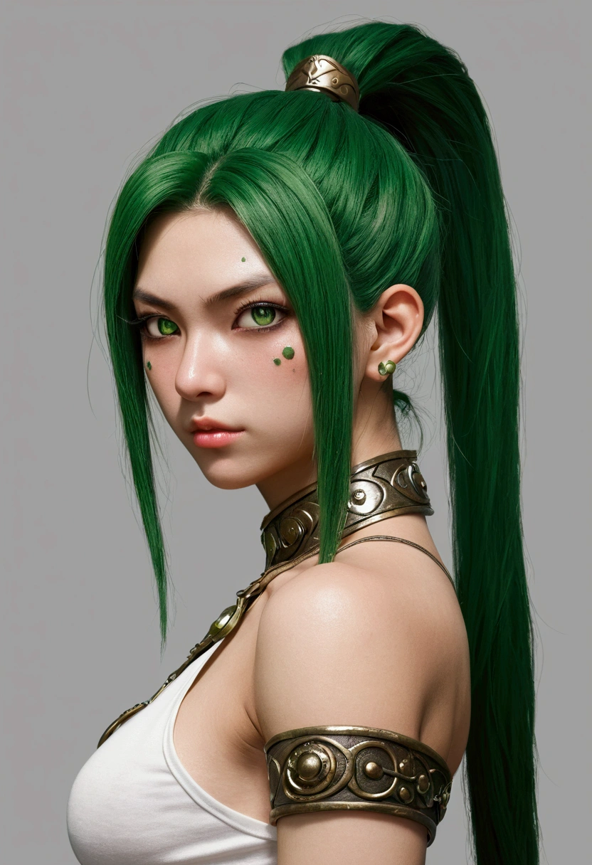 detailed face, ref sheet, reference sheet, front and back pose, detailed face, detailed eyes, nsfw, ((by uromatsu)), simple background, (best quality), hair, penis, accessories, detailed body, femboy, flat chest, medial ring, slutty, showing off, zesty, scars, big balls, goblin, green, green skin, ponytail, warrior