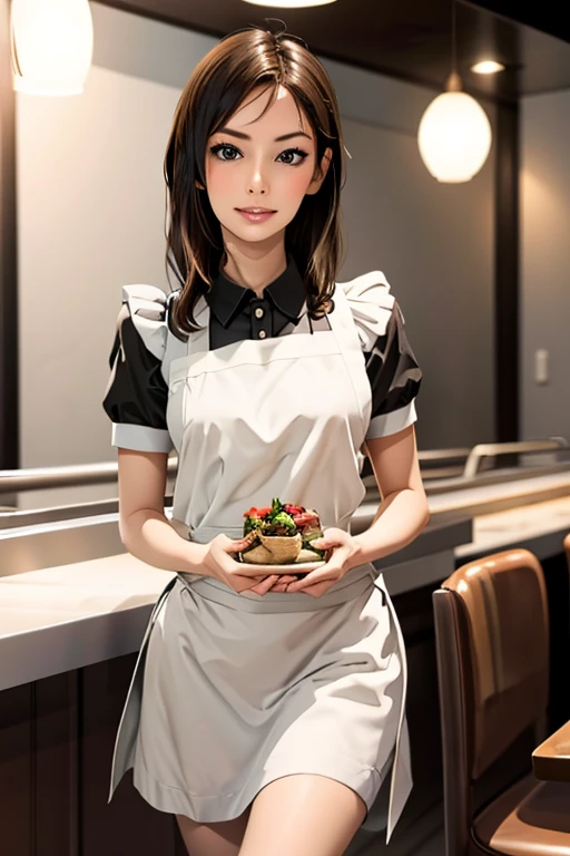 Highest quality High resolution Simple French Restaurant Cute waitress Carrying food Maid clothes