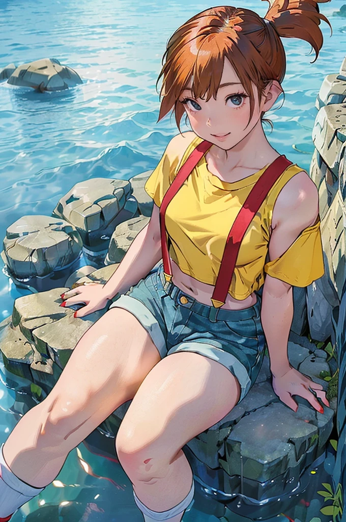 (masterpiece,Highest quality,In 8K,Very detailed,High resolution,Realistic:1.2), (Small plain yellow shirt, Red suspenders, Navy blue denim hot pants, Beautiful barefoot, White socks, Red sneakers:1.5), (Orange Hair, Short Side Tail:1.3),(Sitting with legs apart on rocks on a tropical beach:1.5),(Shooting from the thigh up:1.5),(Turn your face slightly to the side, View your audience:1.2), (18 year old Japanese female:1.3), (Lean upper body:1.3), (Thick thighs:1.3), (View of the subject from below:1.2), (Draw the details of the costume:1.3), smile, I can see your teeth, Eyelash extensions,Pink lipstick, Red teak