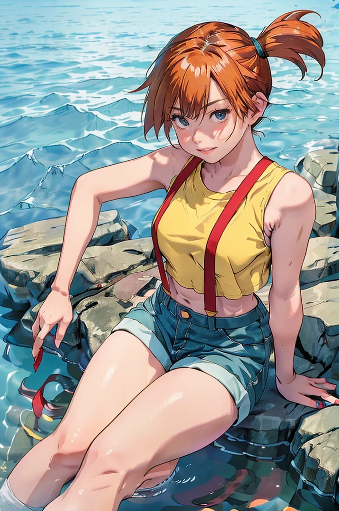 (masterpiece,Highest quality,In 8K,Very detailed,High resolution,Realistic:1.2), (Small plain yellow shirt, Red suspenders, Navy blue denim hot pants, Beautiful barefoot, White socks, Red sneakers:1.5), (Orange Hair, Short Side Tail:1.3),(Sitting with legs apart on rocks on a tropical beach:1.5),(Shooting from the thigh up:1.5),(Turn your face slightly to the side, View your audience:1.2), (18 year old Japanese female:1.3), (Lean upper body:1.3), (Thick thighs:1.3), (View of the subject from below:1.2), (Draw the details of the costume:1.3), smile, I can see your teeth, Eyelash extensions,Pink lipstick, Red teak